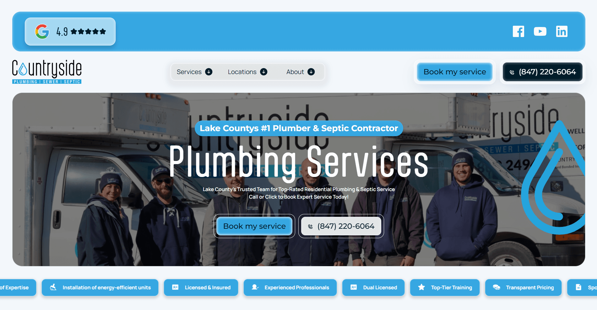 Countryside Sewer & Septic, a live Webflow website for a US plumbing company